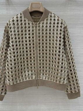 Gold Sequin Knit Bomber Jacket Mesh Crochet Cardigan Zip-up
